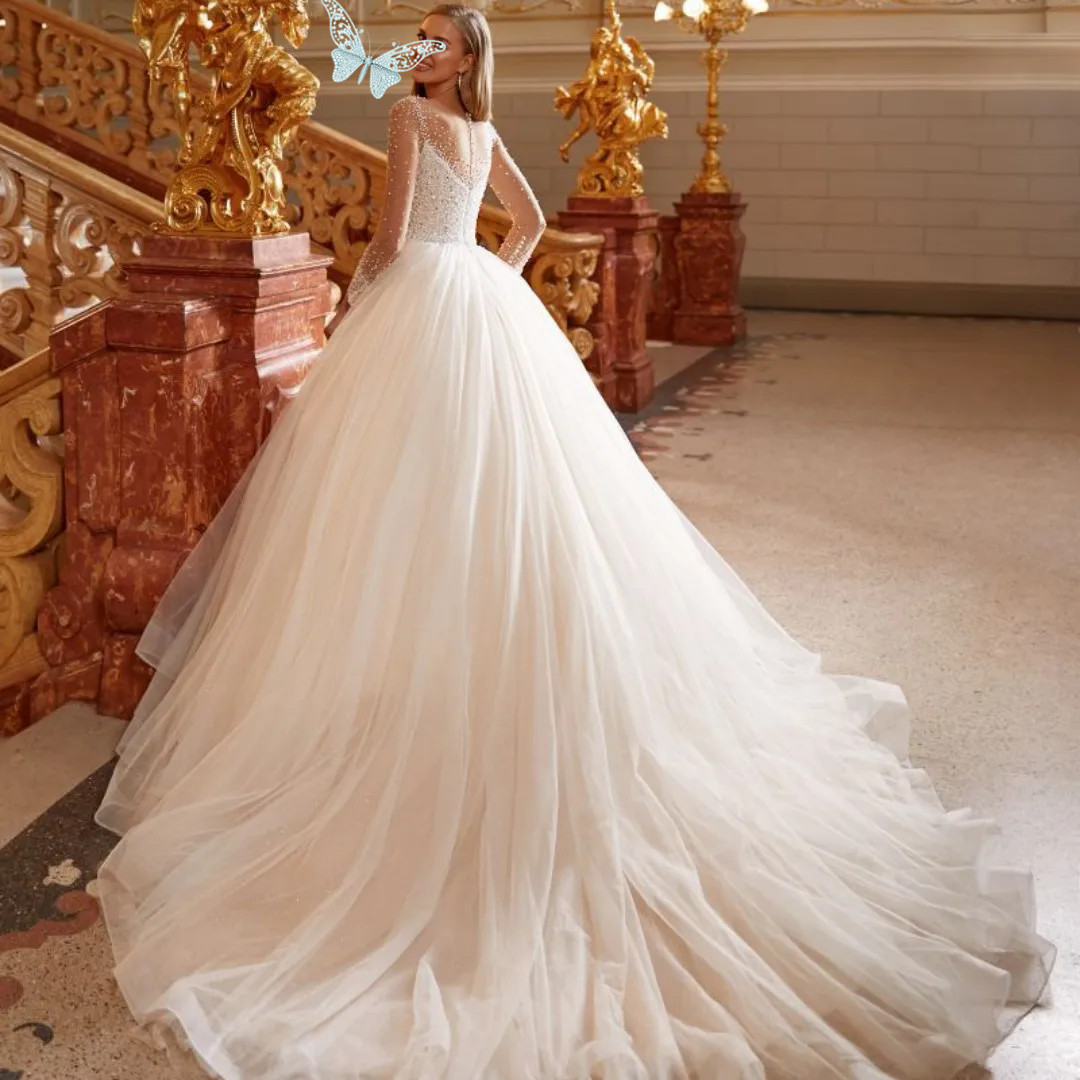 Princess Long Sleeves Bridal Ball Gown Luxury Squined Beaded Lace Appliques Wedding Dresses Button Vestidos De Novia