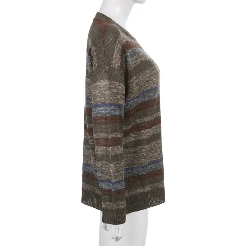 Imcute Women Y2K Argyle Striped Pullover Sweater Casual Long Sleeve Round Neck Vintage Preppy Style Pullover Knitwear 240812