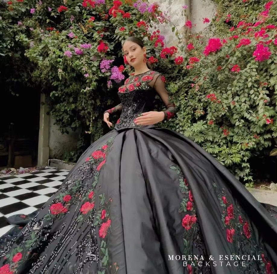 2025 Sparkly Black Mexican Charro Princess Quinceanera Dresses Long Sleeve ral Embroidery Sequin Corset vestidos de 15 quinceanera