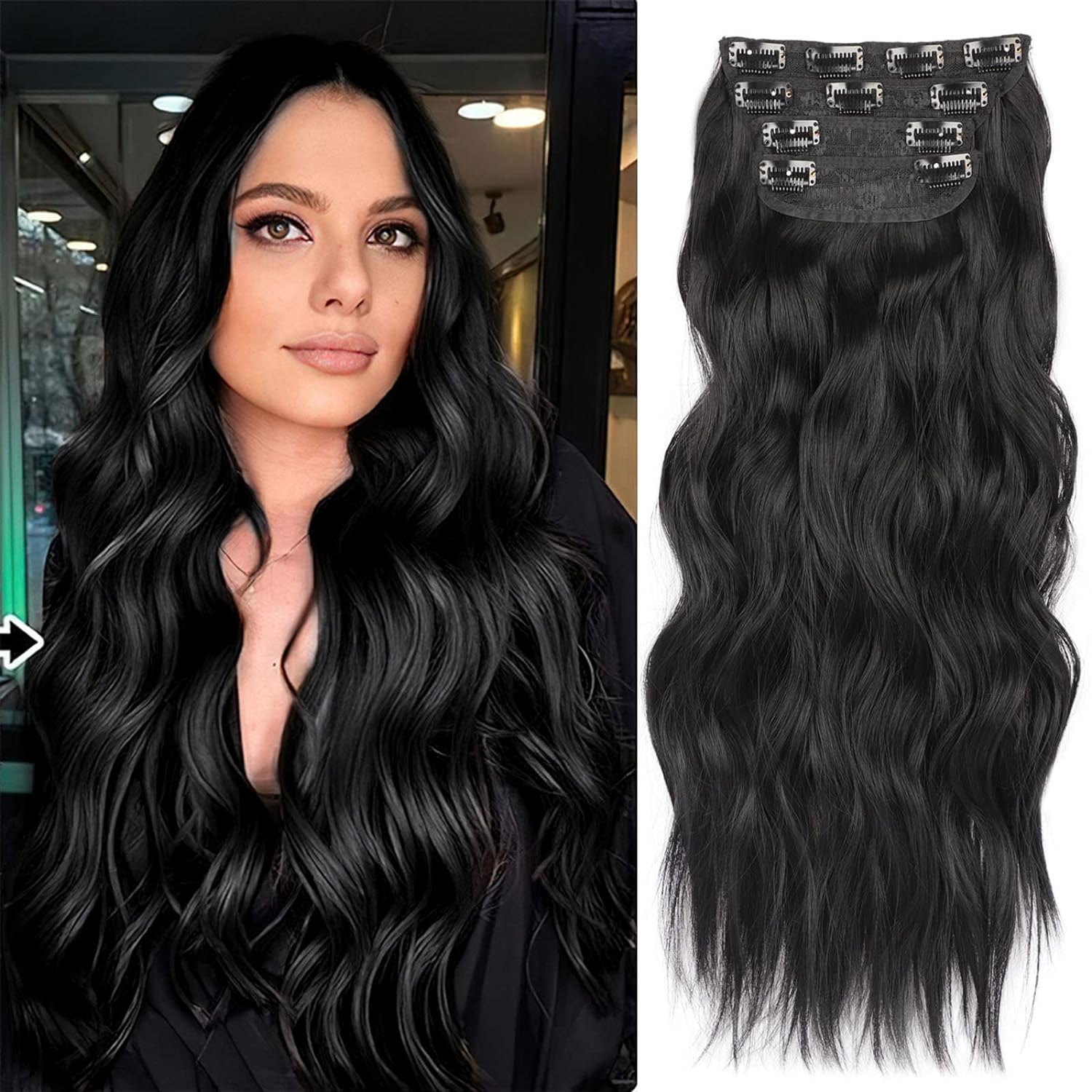 Clip in Hair Extensions Real Human Clip ins Remy Human-Hair Black Women Invisible Natural Straight Seamless Clips on Body Wave 6pcs Double Weft #1B 16 Inch