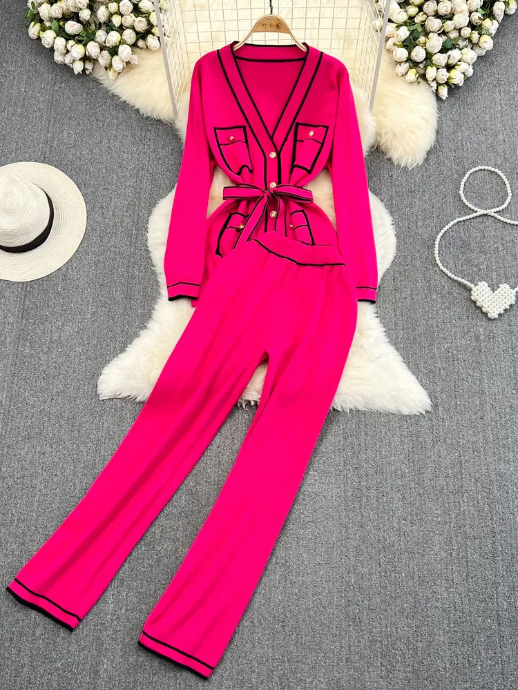 Fashion Womens Suits Autumn Long-Sleeve Lace-Up Waist Mid-Length V-Neck Knitted Cardigan Coat Wide-Leg Pants Knit Two Piec Set 240813