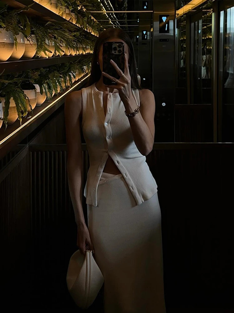 Knit Skirts Suit Women Elegant Slim Single Breasted Vest Sets Female Summer Sleeveless Fashion Casual Solid High Waist Set Lady 240731