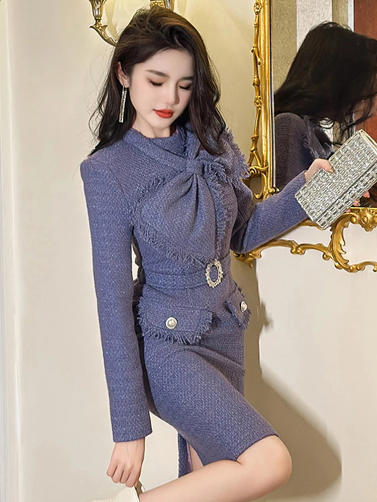 Trendy Tweed Vintage Classic Pencil Dress Women Elegant Commute Sweet Long Sleeve Slim Formal Mujer Vestidos Street Clothes 240801