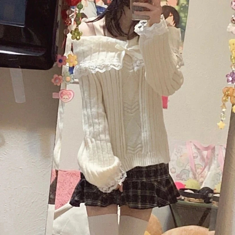 Kawaii Lace Trim Off Shoulder Pullovers Pretty Cute Outfits Harajuku Cosplay Sweater Y2K Aesthetic Vintage Long Sleeve Jumpers 240801