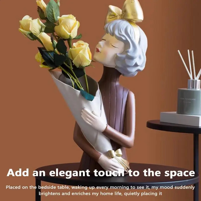 Modern Bouquet Girl resin statue flower vase romantic desktop art decoration exquisite Bouquet Girl vase home decoration gift 240731