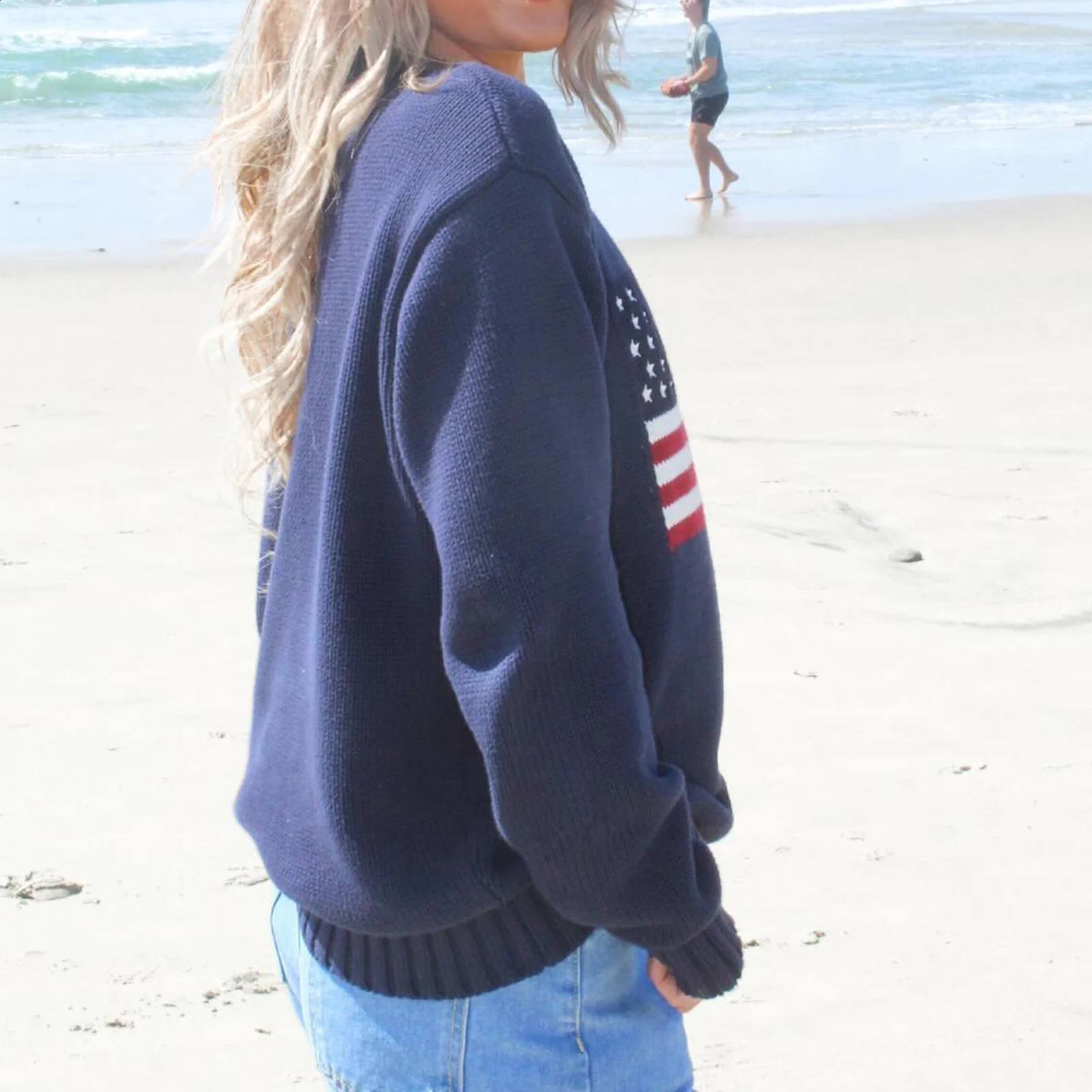 Doury y2k Aesthetic American Flag Embroidery Sweaters for Women Fall Winter Vintage Long Sleeve Sweaters Pullover Loose Top 240801