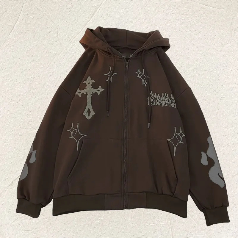 Y2K Women Zipper Chic Hoodies Fashion Autumn Winter Embroidered Oversized Sweater Coats Casual Holiday Loose Female Sweatshirt 240812