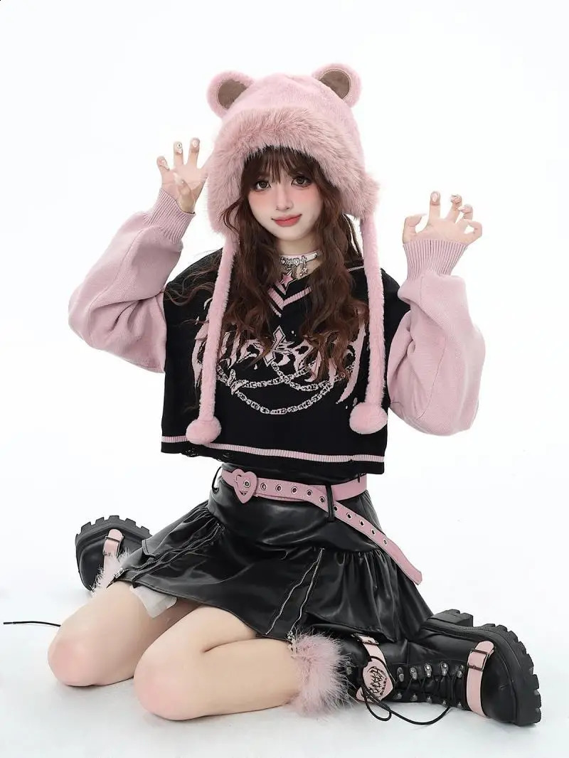 Y2k Oversized Sweater Women Gothic Punk Long Sleeve Loose Top Fall and Winter Strapless V-neck Splicing Knit Pullover 240812
