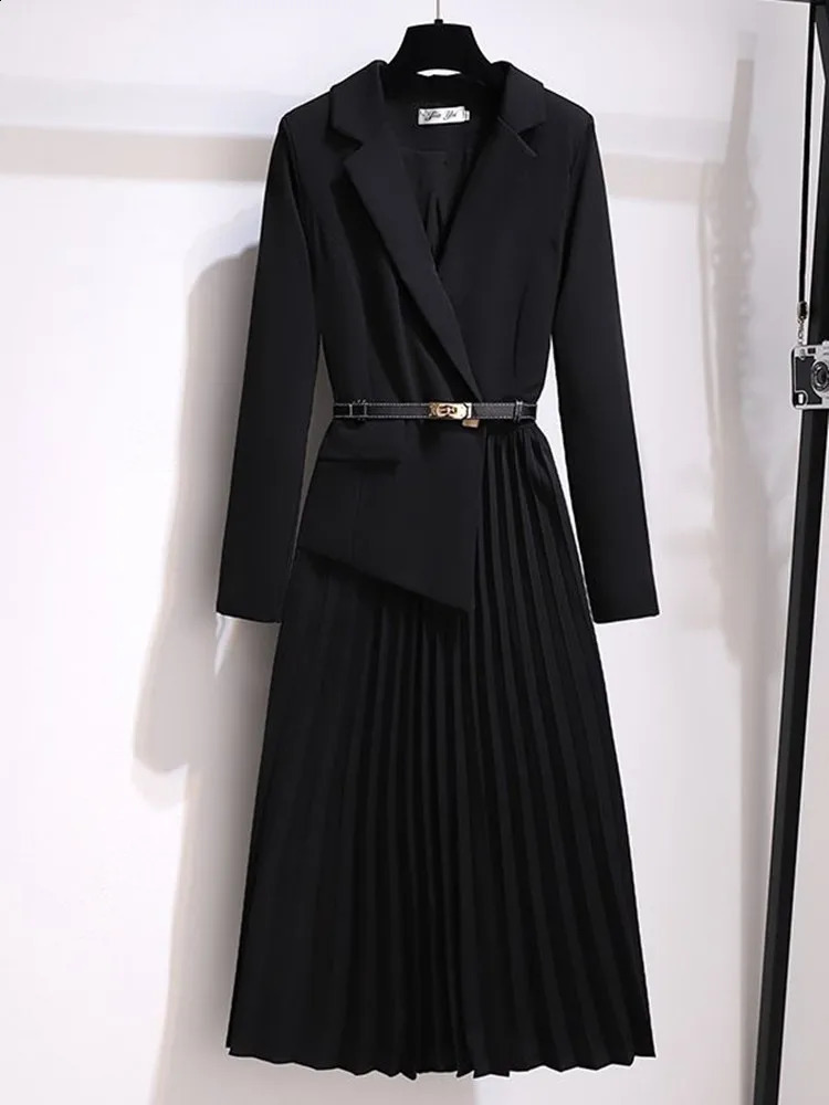 Vintage Pleated Belt Patchwork One Piece Blazer Dress Women Elegant Office Ladies Long Sleeve Notched Female Autumn Midi Vestido 240801