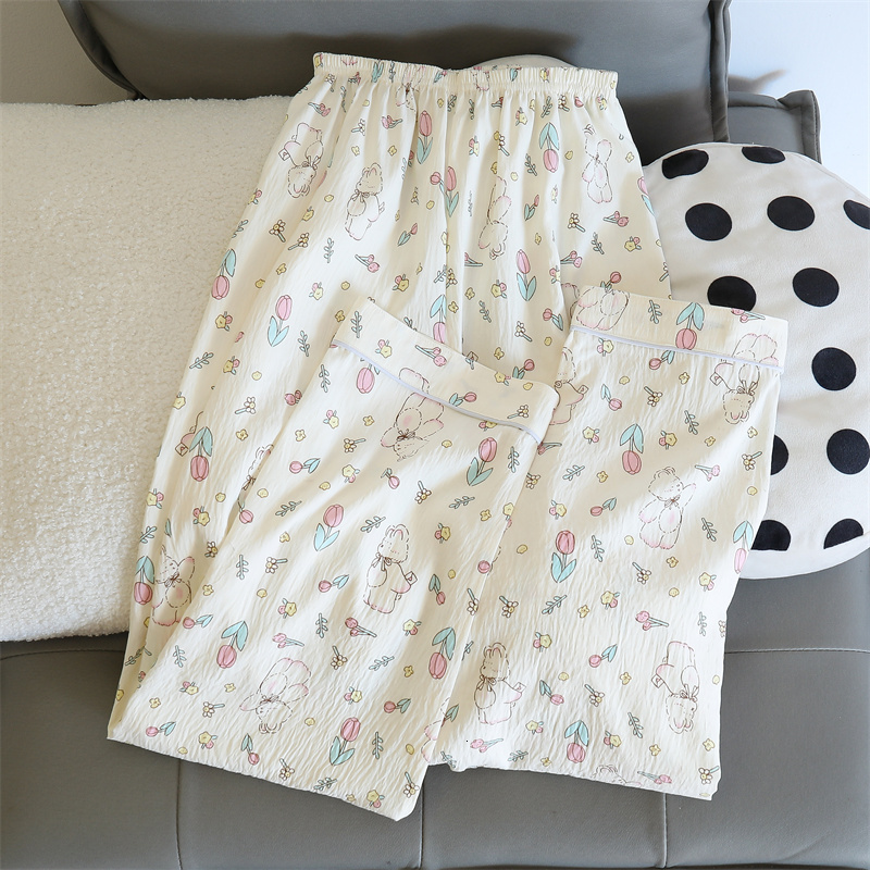 Cute Kawaii Flower Bear Pama Long Sleeve Lapel Top and Elastic Waistband Pants Set Autumn Women's Sleepwear Loungewear