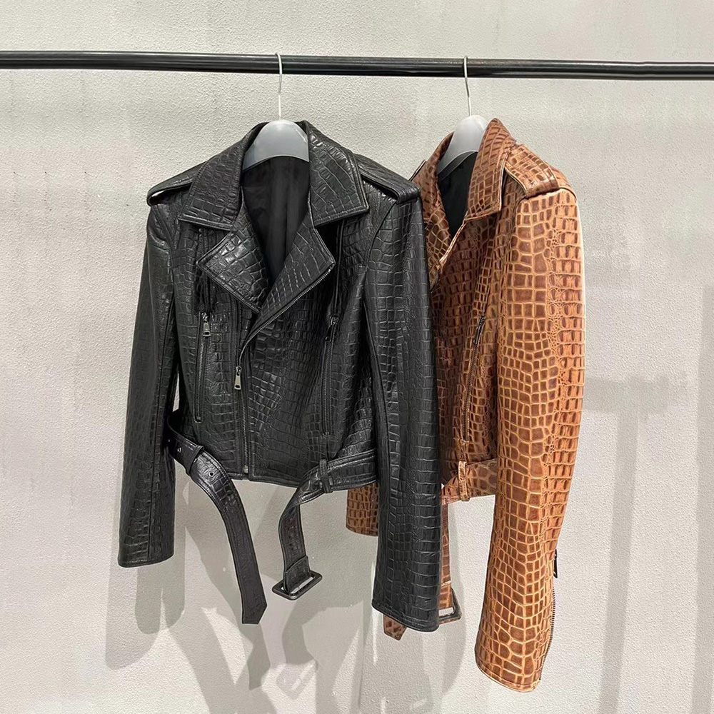 OC 131M46 Leather Clothes Customized Luxury Fashion Crocodile patterned cowhide Women European Locomotive Punk Spring and Autumn Short Style