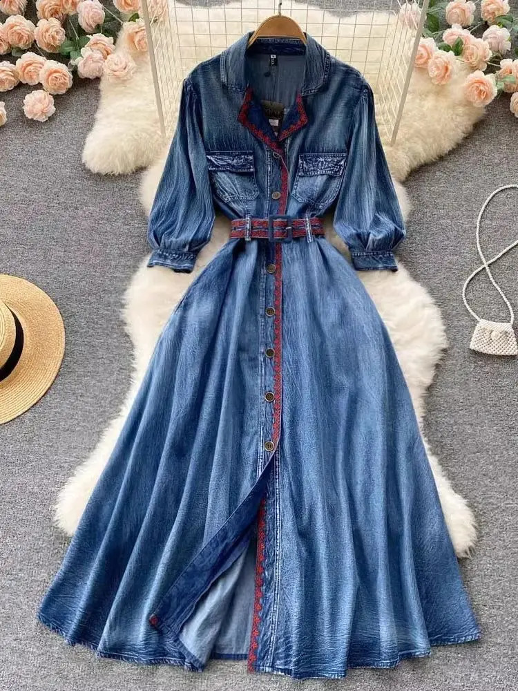 Autumn Fashion Blue Denim 100% Cotton Cowboy Dress Women Notched Three Quarter Sleeve Embroidery Jeans Elegant Long Vestidos 240801