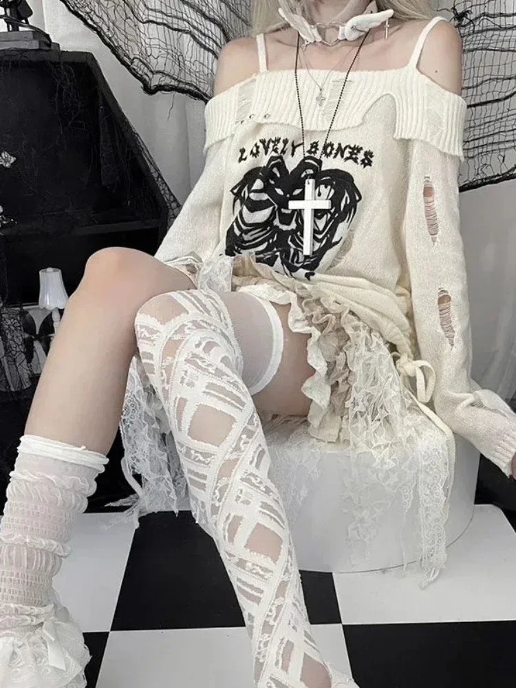 HOUZHOU Y2k Harajuku Gothic Knitted Pullovers Women Japanese Fashion Sexy Skull Off The Shoulder Punk Girls Hole Loose Sweater 240812