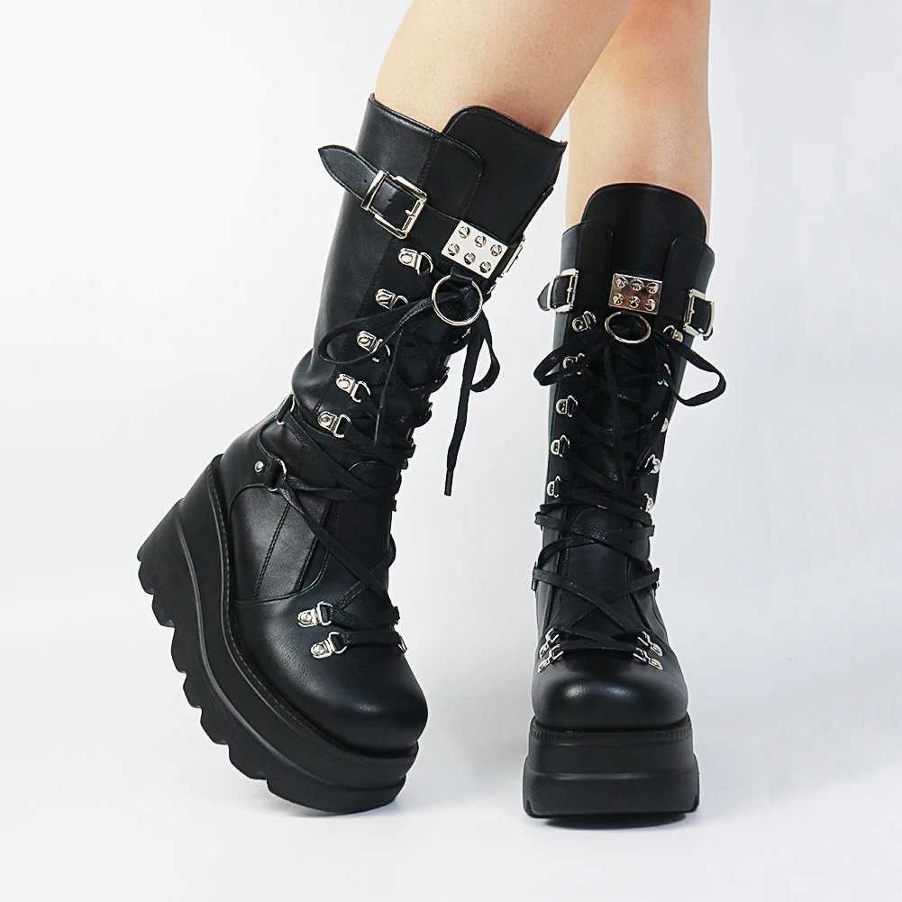 Gothic Style Platform Vampire Cosplay Women Mid-calf Boots 2023 Autumn Wedges Comfortable Woman Motorcycle Boots Shoes Plus SizeCL240801