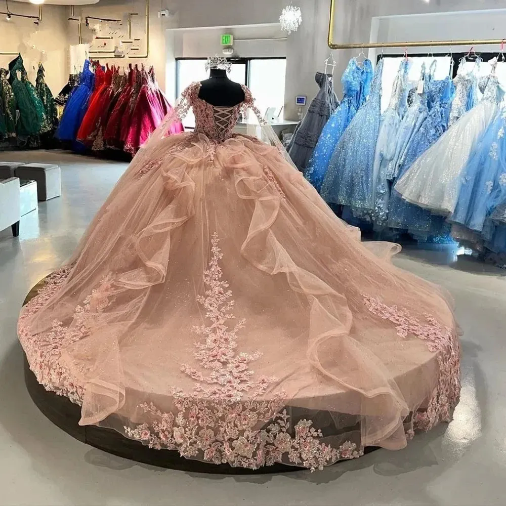 Pink Princess Quinceanera Dresses with Cape Applique Lace-up Corset Cinderella Prom Birthday Sweet 16 Dress Sweetheart Red Floral Ball Gowns