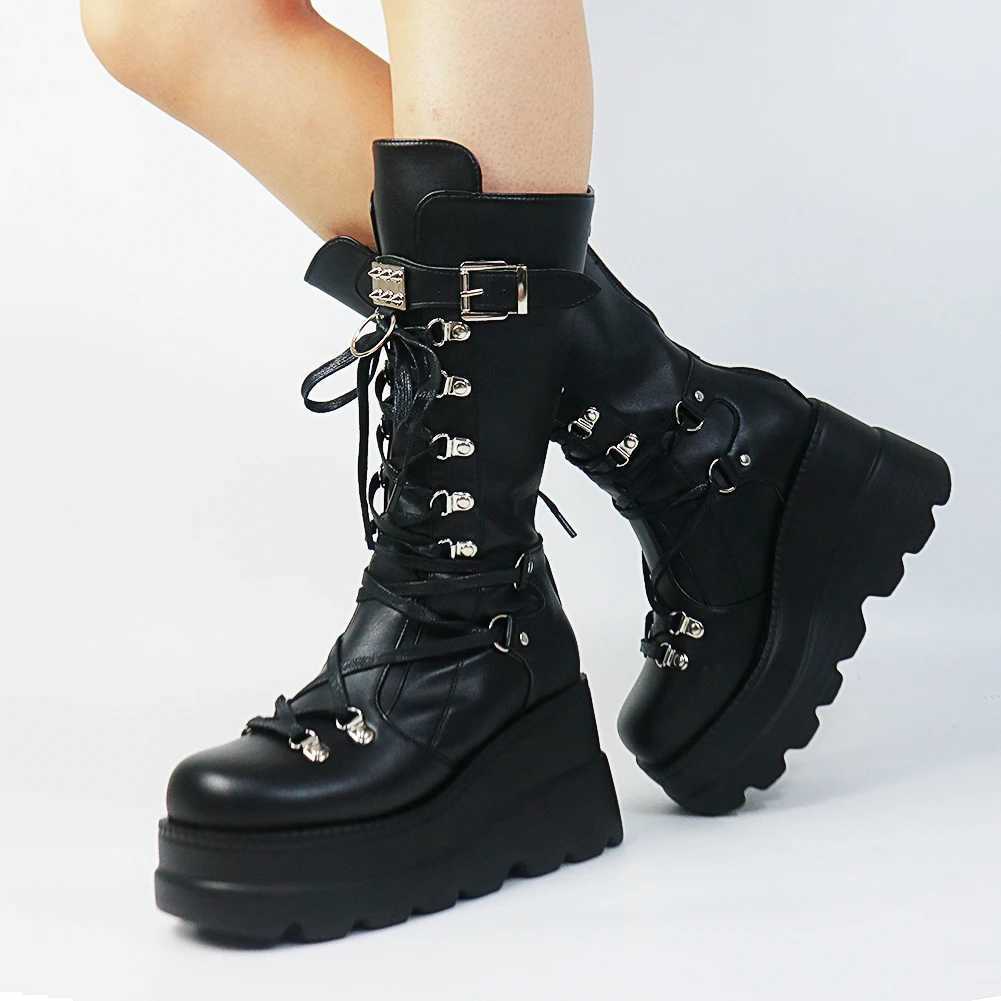 Gothic Style Platform Vampire Cosplay Women Mid-calf Boots 2023 Autumn Wedges Comfortable Woman Motorcycle Boots Shoes Plus SizeCL240801