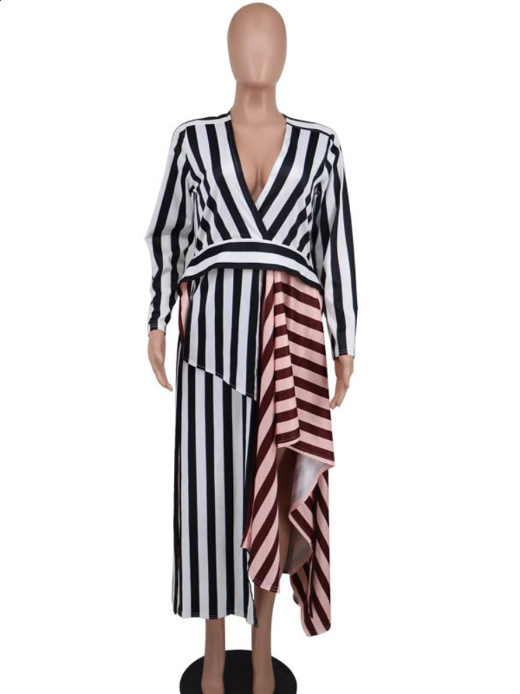 Women Long Sleeve Plunge V-neck Colourblock Stripe Asymmetric Midi Dress 240731