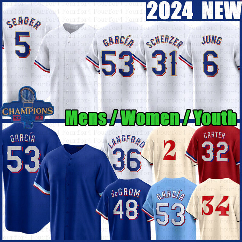 2024 Gold Adolis Garcia Corey Seager Baseball Jersey Max Scherzer Josh Jung Evan Carter Jacob deGrom Marcus Semien Jonah Heim Ivan Rodriguez Wyatt Langford Leclerc