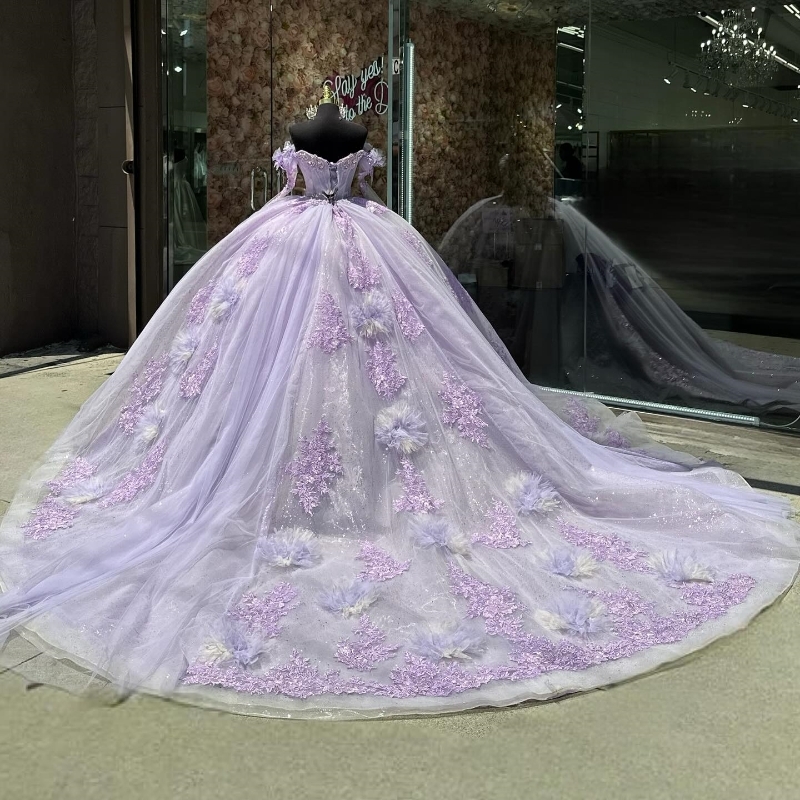 Lavender Quinceanera Dresses Elegant Off The Shoulder Applique Lace Beads Tull Princess Birthday Party Sweet 16 Dress Vestidos 15 De