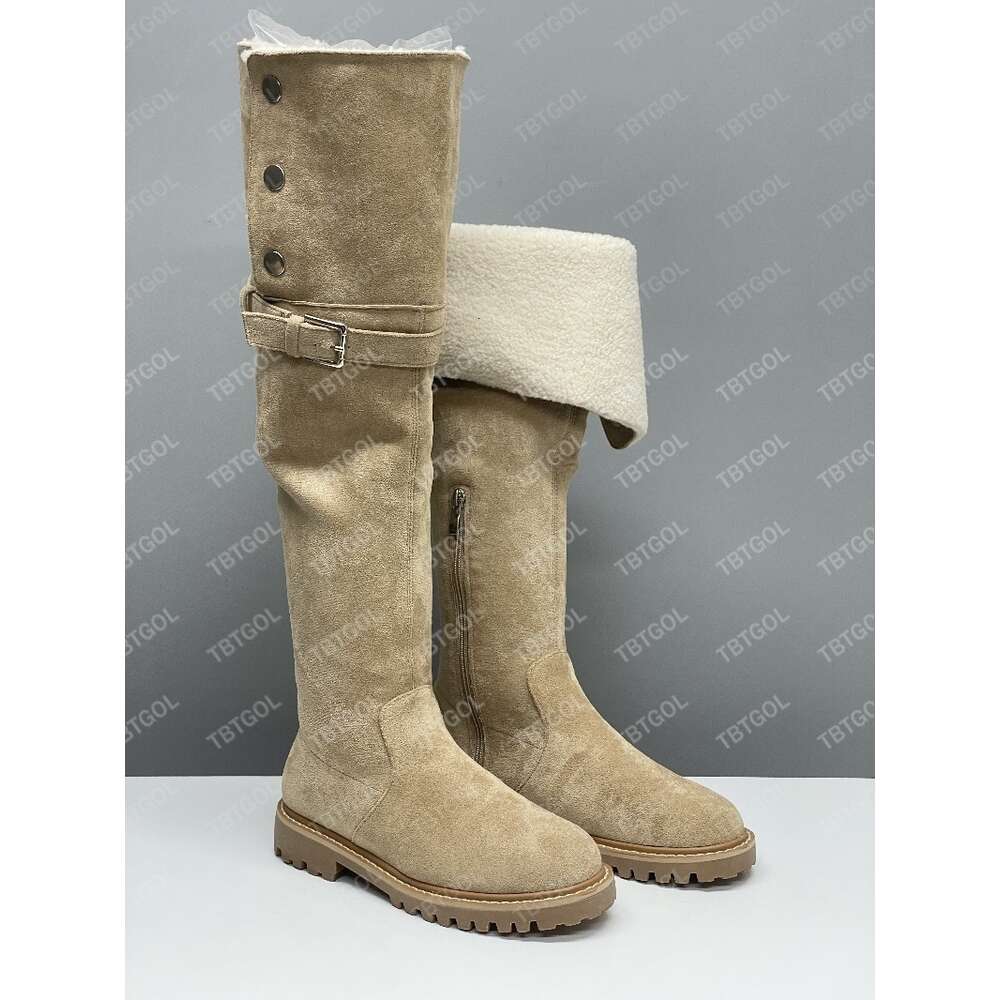 High Quality Knee Boots Classic Designer Leather Casual Boots For Winter Round Toe Heel 7cm Thick Heel Flat Bottom Black Apricot Side Zipper Woman Siz