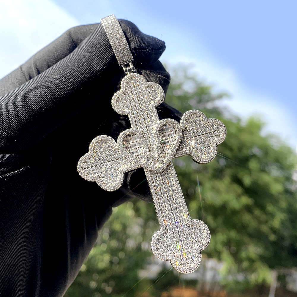 Hip Hop Lover Heart Cross Pendant Necklace 5A Zircon White Gold Plated Religious Jewelry
