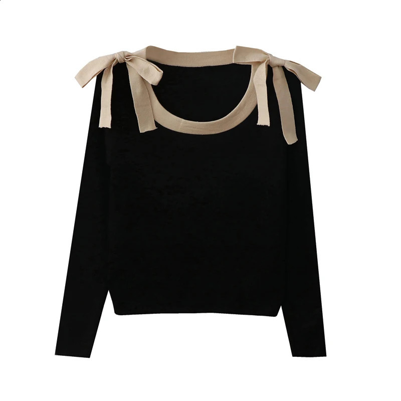 Women Black Gothic Pullover Knitted Sweater Harajuku Aesthetic Y2k Long Sleeves Bow Sweaters Fashion Vintage 2000s Clothes 240812
