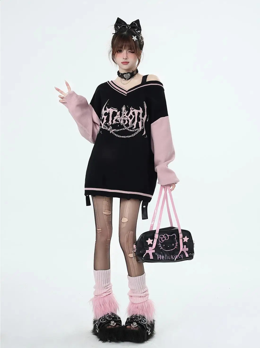 Y2k Oversized Sweater Women Gothic Punk Long Sleeve Loose Top Fall and Winter Strapless V-neck Splicing Knit Pullover 240812