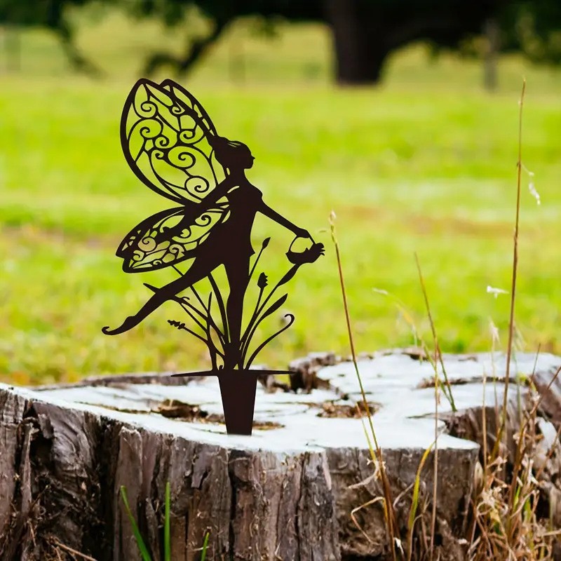 Fairy Garden Elf Metal Carrying Basket Fairy Silhouette Patio Sign For Garden Decor Outdoor Fall Decor Fence Top