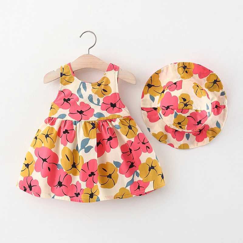 Summer Baby Girl Dress Flower Print Bow Princess Party Dress Hat Girl Outfits Children Clothes Set Toddler Infant Newborn DressY240809