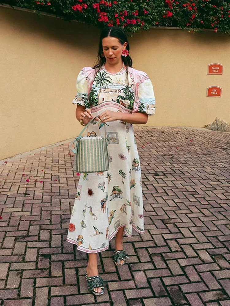 Fashion Round Collar Printed Long Dress For Women Elegant Casual Short Puff Sleeved Dresses 2024 Summer Female Vacation Robe 240715