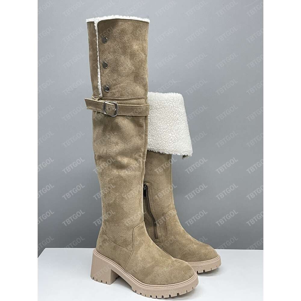 High Quality Knee Boots Classic Designer Leather Casual Boots For Winter Round Toe Heel 7cm Thick Heel Flat Bottom Black Apricot Side Zipper Woman Siz