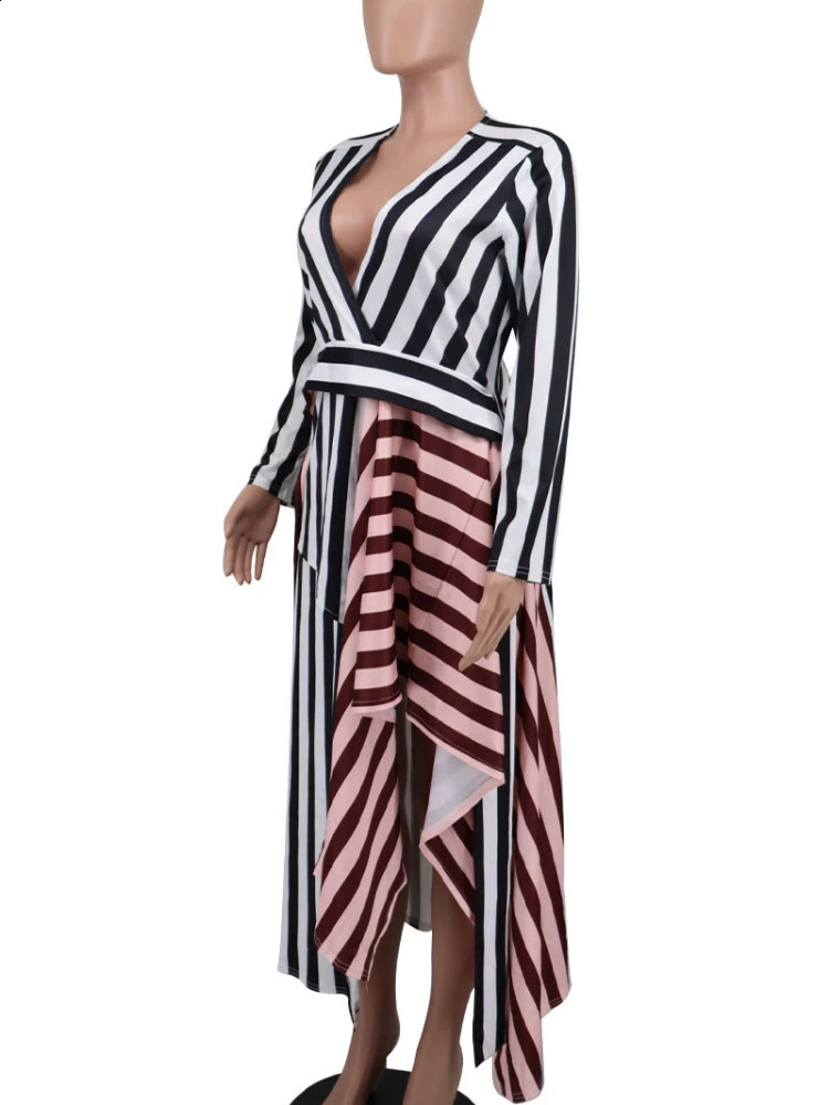 Women Long Sleeve Plunge V-neck Colourblock Stripe Asymmetric Midi Dress 240731
