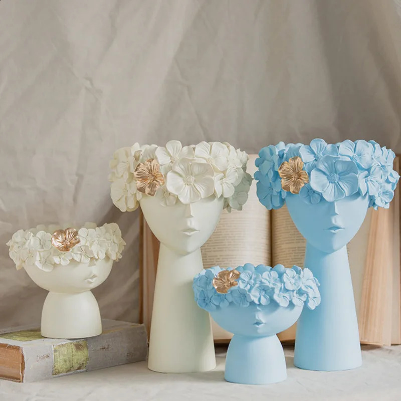 2 pieces of Nordic Mona Lisa human face vase resin character flowerpot set abstract portrait plant flower arrangement home decoration 240731