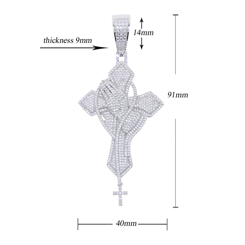 Hip Hop Prayer Hands Cross Pendant Necklace 5A Zircon White Gold Plated Religious Jewelry