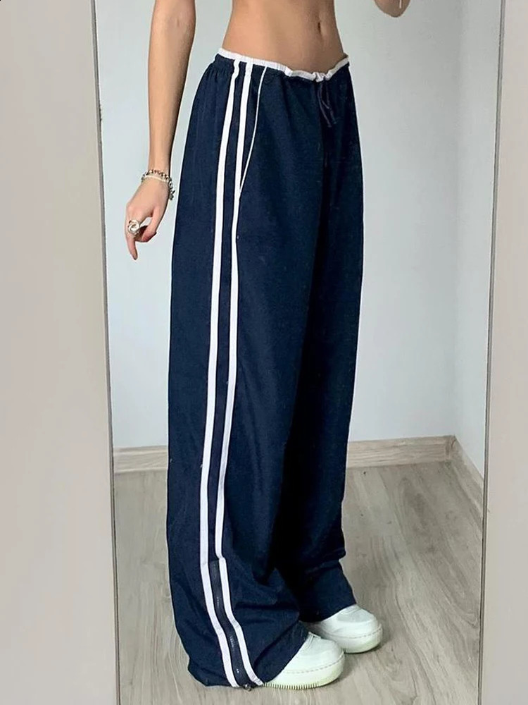 Sweetown Side Zipper Split Contrast Stripe Loose Casual Women Straight Leg Pants Y2K Baggy Trousers 240821