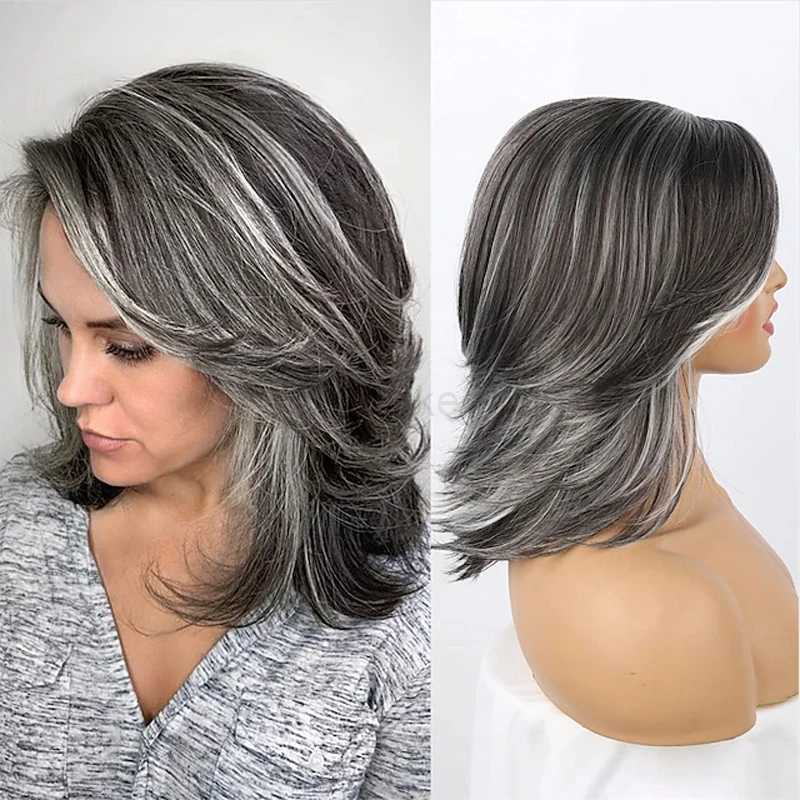 HAIRJOY Dark Grey Umbre Layered Wig with bangs suitable for black women with synthetic short hair grey high gloss straight layered Bob wig W240801