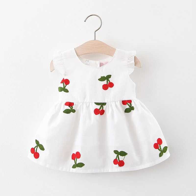 Summer baby dress girl cherry embroidery round neck small sleeve princess dress childrens dress X2502201