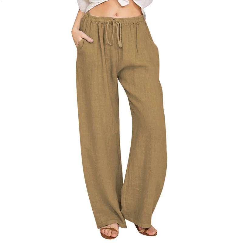Epligg Summer Autumn Cotton Linen Wide Leg Pants for Women Pants Full Length Casual Pants Female Solid Loose Straight Trousers 240801