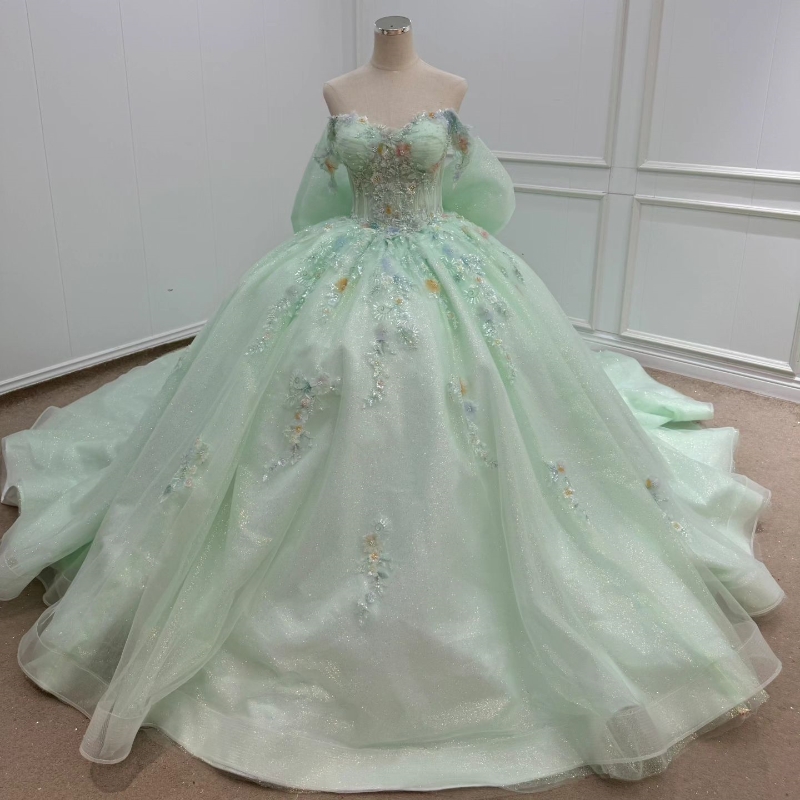 Sage Green Shiny Quinceanera Dresses Off The Shoulder Appliqued Lace Sweet 15 Prom Gowns Beading vestidos de 16 Pageant Wear