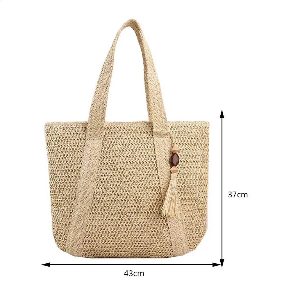 Summer straw woven handbag fashionable handmade simple large capacity with tassel pendant shopping 240830