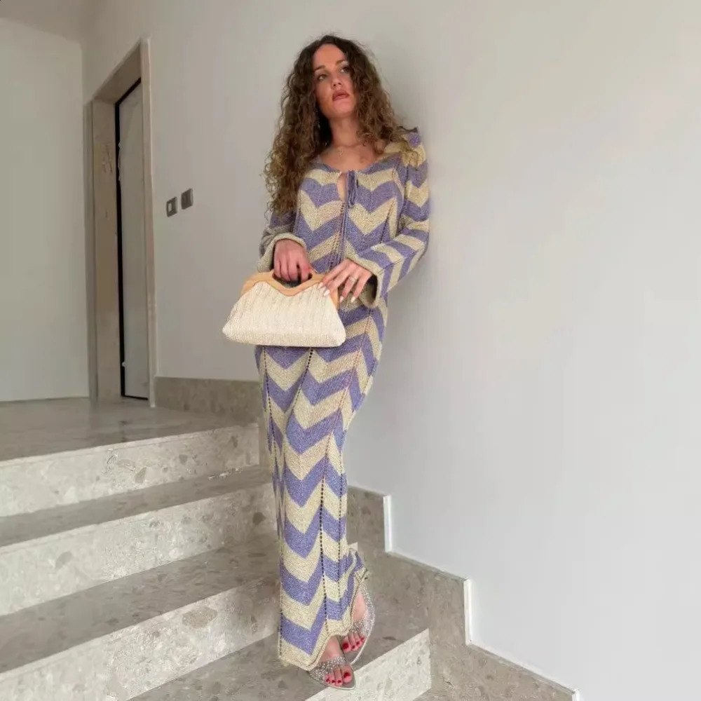 Wave Striped Knitted Dress Women Elegant Full Sleeve Slim Beach Holiday Dresses Fall Fashion Lace Up Hollow Out Maxi Dress 2024 240731
