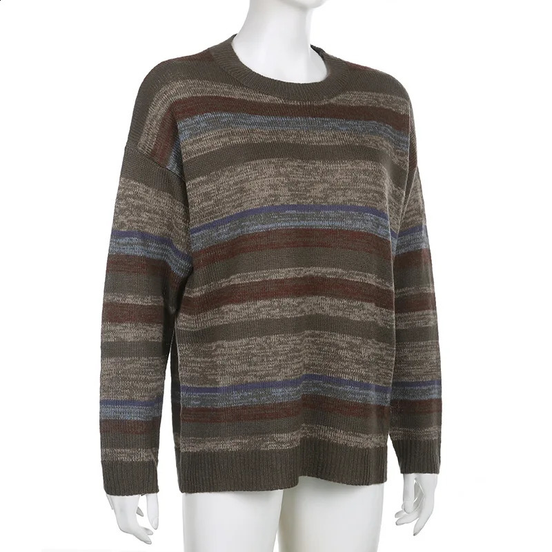 Imcute Women Y2K Argyle Striped Pullover Sweater Casual Long Sleeve Round Neck Vintage Preppy Style Pullover Knitwear 240812