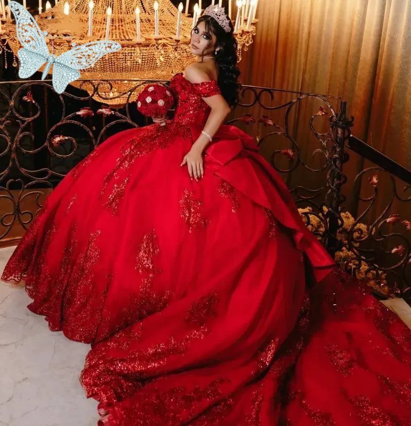 Luxury Giltter Red Vestidos De 15 Quinceanera Dresses 2024 Off The Shoulder Sequin Plus Size Short Sleeves Bow Princess