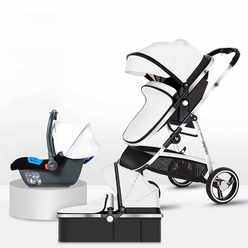 3-in-1 baby stroller white PU leather stroller baby stroller with car seat high landscape luxury newborn baby stroller foldable Z250319