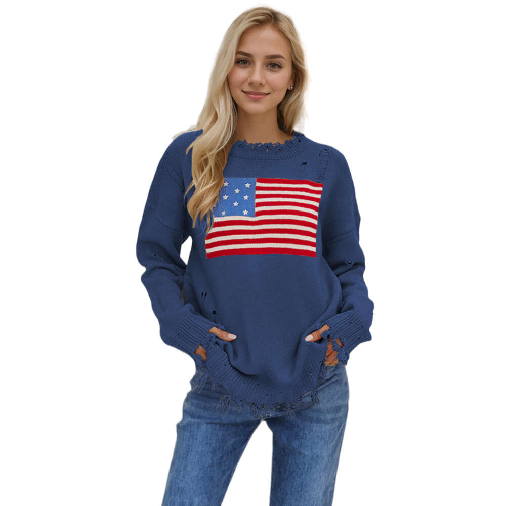2024 Autumn/Winter New Temu Round Neck Flag Easter Independence Day Fashion Sweater for Women