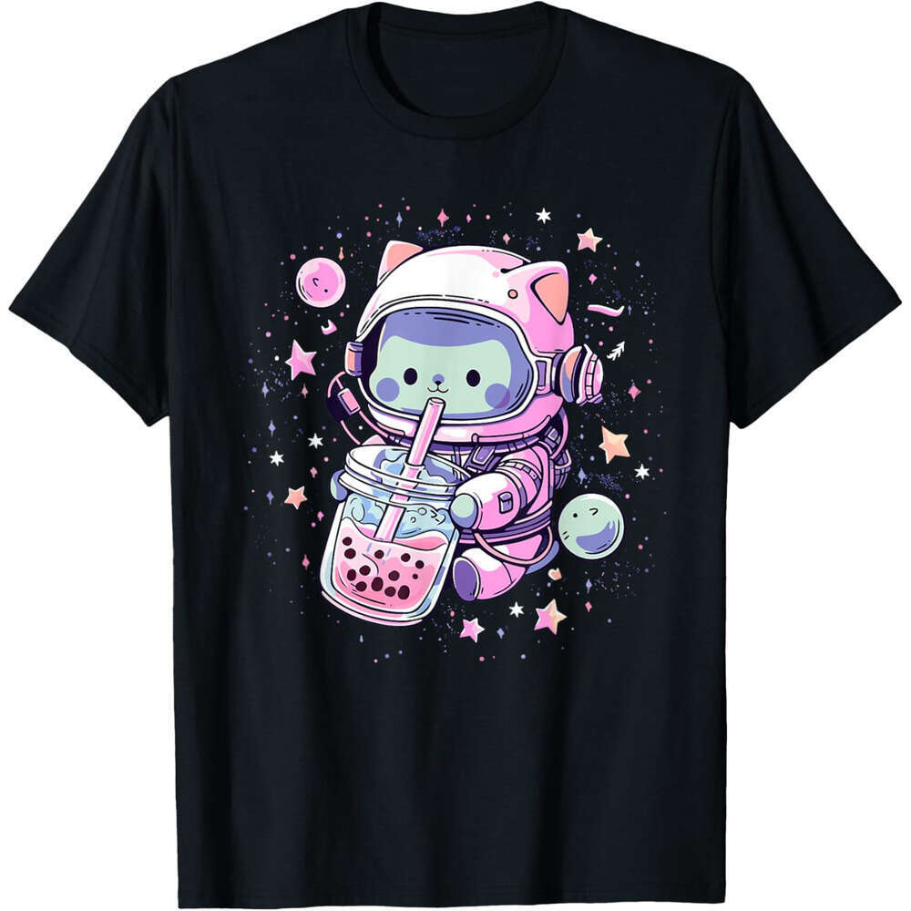 T shirt Mens Kawaii Cat Bubble Boba Tea In Space Astronaut Anime Girls T-Shirt shirts tshirt graphic tee Casual tops summer clothes Short sleeve Free 