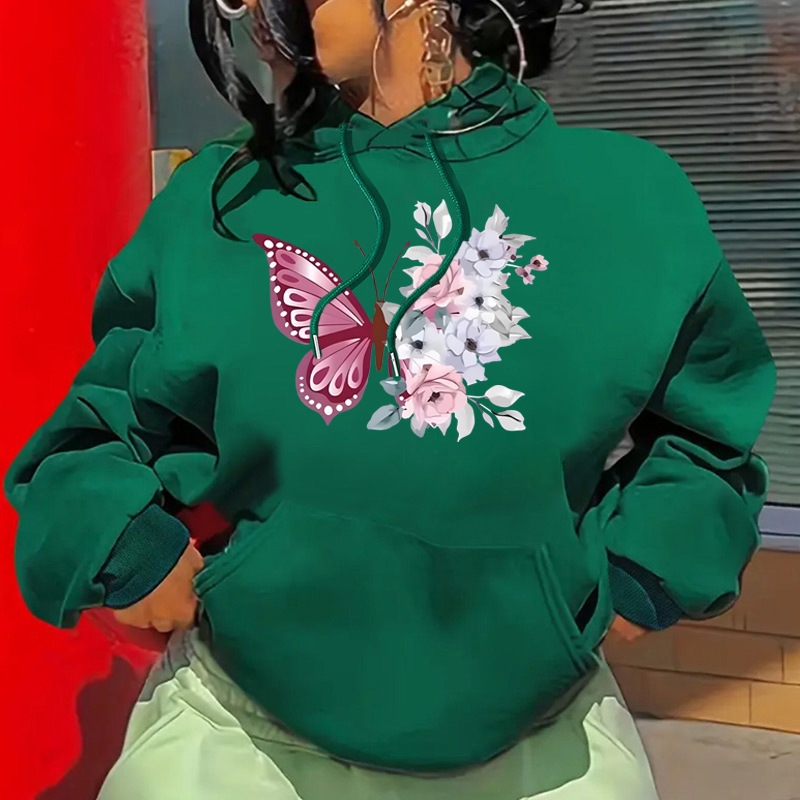 Autumn and Winter New Butterfly Letter Fashion Printed Back Collar with Velvet Hoodie Women's Clothing F8.1#30