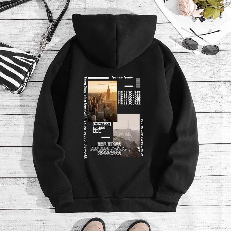 New autumn winter with city scenery, fashionable printing, hooded back cover, collar and velvet hoodie for women F8.1#25