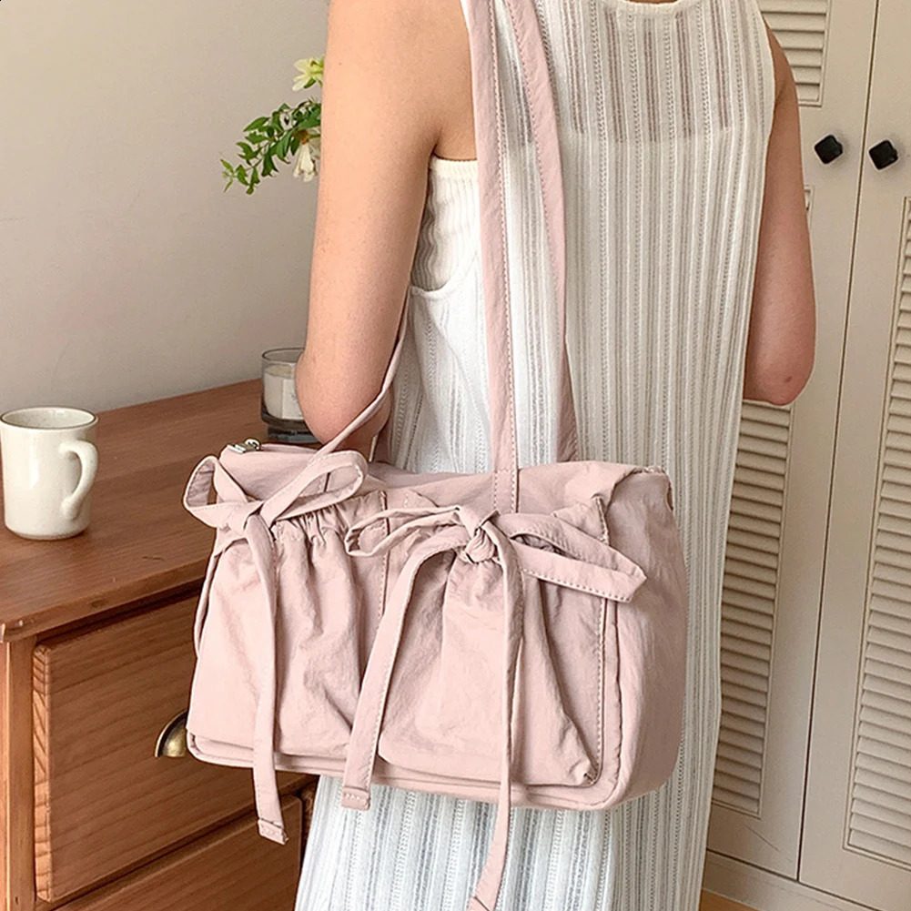Fashion Shoulder Bag for Women Casual Tote Handbag with Bow Korean Top Handle Purse Nylon Underarm Bags Girls Female Clutch 240731