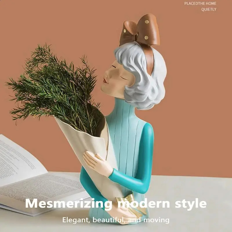 Modern Bouquet Girl resin statue flower vase romantic desktop art decoration exquisite Bouquet Girl vase home decoration gift 240731
